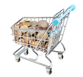 shopping trolley with euro coins isolated on white background
