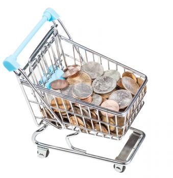 shopping trolley with US coins isolated on white background