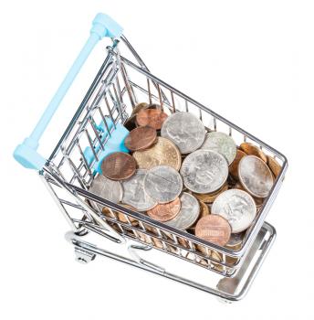shopping cart with US coins isolated on white background