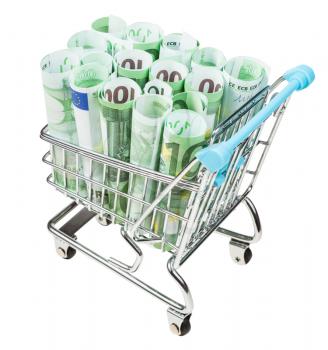 shopping-cart with rolls from euro banknotes isolated on white background