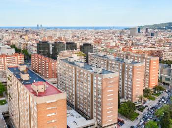 above view of residential quarter in Barcelona city in spring evening