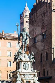 travel to Italy - fountain of neptune and palazzo Re Enzo in Bologna city in sunny day