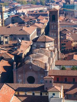 travel to Italy - above view of cathedral in Bologna city from Asinelli tower