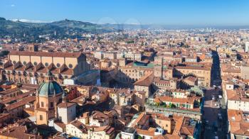 travel to Italy - above view of Piazza Maggiore and duomo in Bologna city from Asinelli tower