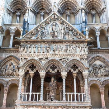 travel to Italy - decor of facade of Duomo Cathedral in Ferrara city