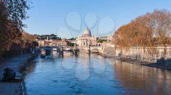 Travel to Italy - Rome cityscape with bridge and Tiver River in sunny winter day