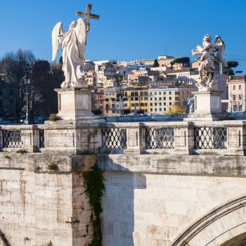 Travel to Italy - Angel statues on St Angel Bridge (Ponte Sant Angelo, Aelian Bridge, Pons Aelius) on Tiber river in Rome city in winter