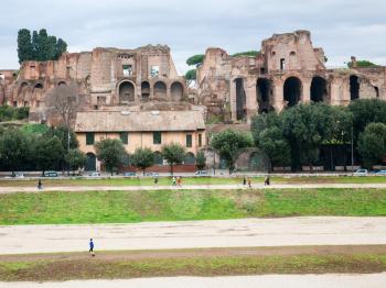 Travel to Italy - ruin of palace Domus Severiana and Circus Maximus on Palatine hill in Rome city in winter