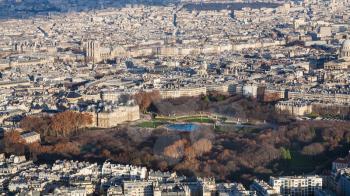 travel to France - above view of luxembourg garden in Paris city in winter twilight from Tour Maine - Montparnasse (Montparnasse Tower)