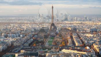 travel to France - Paris city with Eiffel Tower, Champ de Mars and La Defence district at winter sunset from Tour Maine - Montparnasse (Montparnasse Tower)