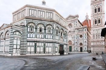 travel to Italy - Square San Giovanni with Baptistery (Battistero di San Giovanni, Baptistery of Saint John) and Duomo Cathedral Santa Maria del Fiore with Giotto's Campanile in Florence in morning