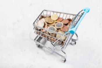 shopping trolley with euro coins on concrete board
