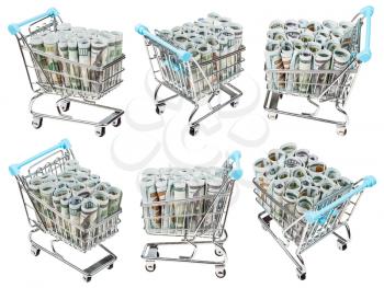 set from shopping carts with rolls from dollar banknotes isolated on white background