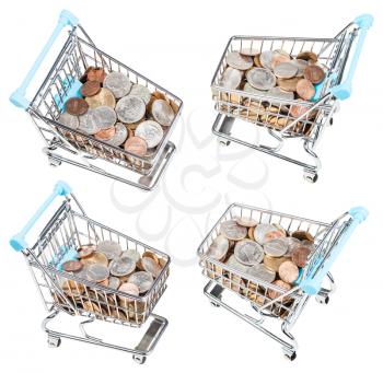 set from shopping carts with US coins isolated on white background