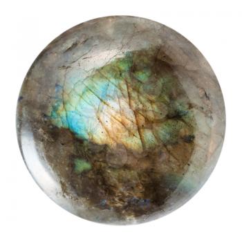 macro shooting of geological collection mineral - polished labradorite gem isolated on white background