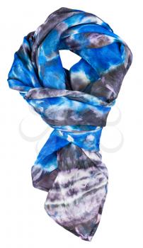 knotted silk scarf with abstract blue pattern hand painted in nodular technique isolated on white background