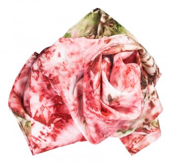 crumpled silk scarf with abstract pink and green pattern hand painted in nodular technique isolated on white background