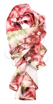 knotted silk scarf with abstract red and green ornament hand painted in nodular technique isolated on white background