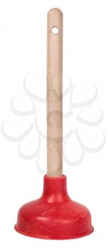 side view of common household plumbing sink plunger with wooden stick and red rubber suction cup isolated on white background