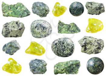 collection of various tumbled and raw serpentine mineral stone isolated on white background