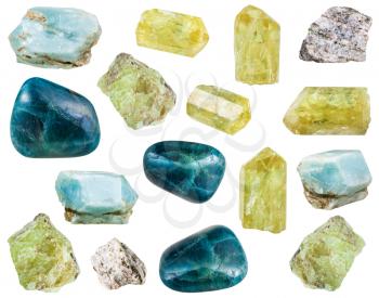 collection of various polished and crystalline apatite mineral stones isolated on white background
