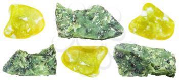 collection of tumbled and raw Lizardite (Serpentine) gemstone isolated on white background