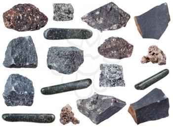 collection of tumbled and raw basalt mineral stones isolated on white background