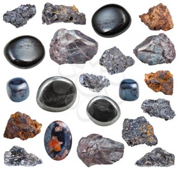 collection of various tumbled and raw hematite mineral stones isolated on white background