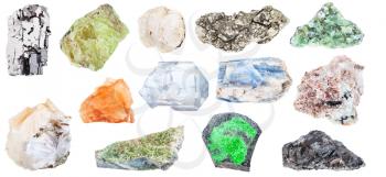 collection of various natural mineral crystals - galena, hematite, chabazite, anapaite, kyanite, miserite, thomsonite, celestine, celestite, marcasite, analcime, analcite, saamit, apatite, etc