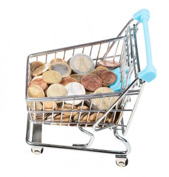 shopping cart with euro coins isolated on white background