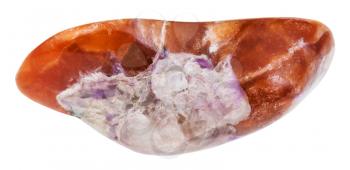 macro shooting of geological collection mineral - pebble with violet Charoite on brown Tinaksite stone isolated on white background