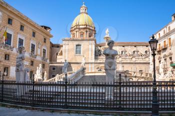 travel to Italy - Statues and Praetorian Fountain (Fontana Pretoria) on piazza Pretoria in center of Palermo city in Sicily