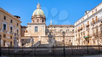 travel to Italy - piazza Pretoria in center of Palermo city with Praetorian Fountain (Fontana Pretoria) on in Sicily