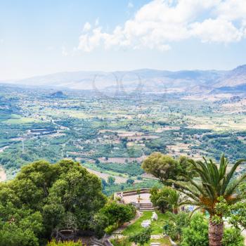 travel to Italy - above view of rural gardens in mountain valley from Castiglione di Sicilia town in Sicily