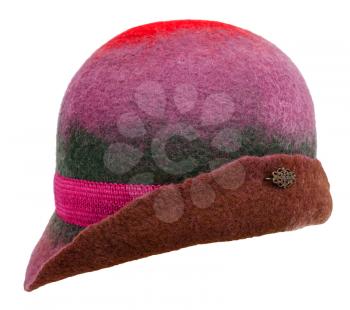 side view of handmade felt woman's cloche hat isolated on white background