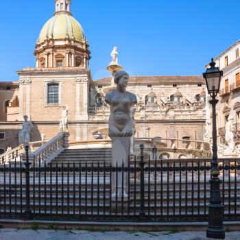 travel to Italy - Sculptures and Praetorian Fountain (Fontana Pretoria) on piazza Pretoria in center of Palermo city in Sicily