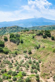 travel to Italy - green mountain slope and Etna volcano near Calatabiano town in Sicily