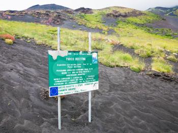 ZAFFERANA ETNEA, ITALY - JULY 7, 2011: Road Sing about area of Natural Pak on Etna Mount (Parco dell Etna) in Sicily. The Etna Park is a protected natural area established in 1987