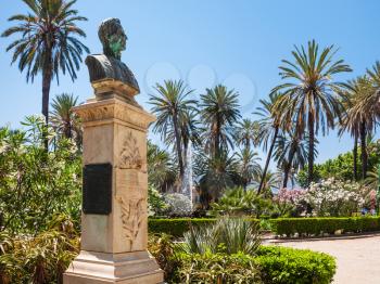 PALERMO, ITALY - JUNE 24, 2011: bust in Villa Bonanno public garden in Palermo city in summer. The park was designed on piazza Vittoria di Palermo in 1905