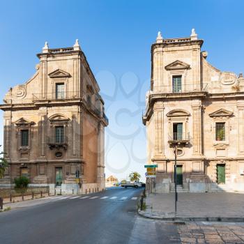 PALERMO, ITALY - JUNE 24, 2011: Porta Felice is city gate on via Cassaro in Palermo city. Porta Felice was built in Renaissance and Baroque styles between the 16th and 17th centuries