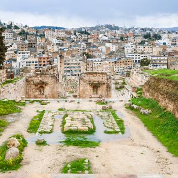 Travel to Middle East country Kingdom of Jordan - view of Jerash city from temple of artemis in ancient Gerasa town in winter