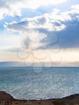 Travel to Middle East country Kingdom of Jordan - view of Dead Sea from Jordan coast in winter evening