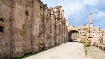 Travel to Middle East country Kingdom of Jordan - walls of area Temple of Zeus in Jerash (ancient Gerasa) town