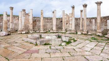 Travel to Middle East country Kingdom of Jordan - Agora ancient market in Jerash (ancient Gerasa) town in winter