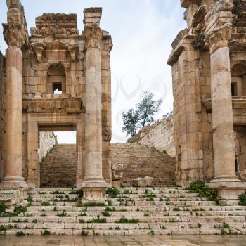Travel to Middle East country Kingdom of Jordan - Gateway to Artemis temple in Jerash (ancient Gerasa) town in winter