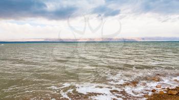 Travel to Middle East country Kingdom of Jordan - view of Dead Sea in winter morning