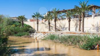 Travel to Middle East country Kingdom of Jordan - view of Qasr el Yahud in Jordan river on Israel site from Baptism Site Bethany Beyond the Jordan (Al-Maghtas) in winter