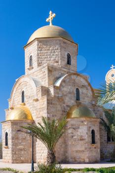 Travel to Middle East country Kingdom of Jordan - buildins of Greek Orthodox Church of John the Baptist near Baptism Site Bethany Beyond the Jordan (Al-Maghtas) on east bank of Jordan River in winter