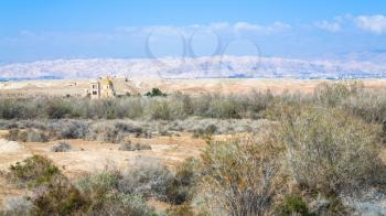 Travel to Middle East country Kingdom of Jordan - Greek Orthodox Church of John the Baptist on Elijah's Hill (Wadi Al Kharrar, Tell Al-Kharrar) near Baptism Site (Al-Maghtas) in sunny winter day