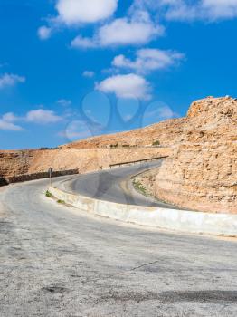 Travel to Middle East country Kingdom of Jordan - turn on King's highway in mountain near Al Mujib dam in winter